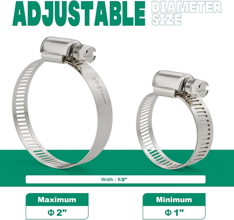 ORU 10PCS Hose Clamps Stainless Steel Adjustable 1"–2"(27-51mm) Worm Gear Hose Clamp, Heavy Duty Metal Small Hose Clamps for Automotive, Pipe, Radiator Plumbing, Fuel Line - Image 2